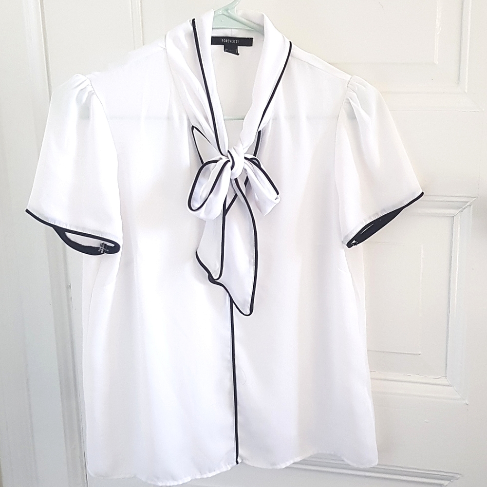 Forever 21 White Bow Neck Top